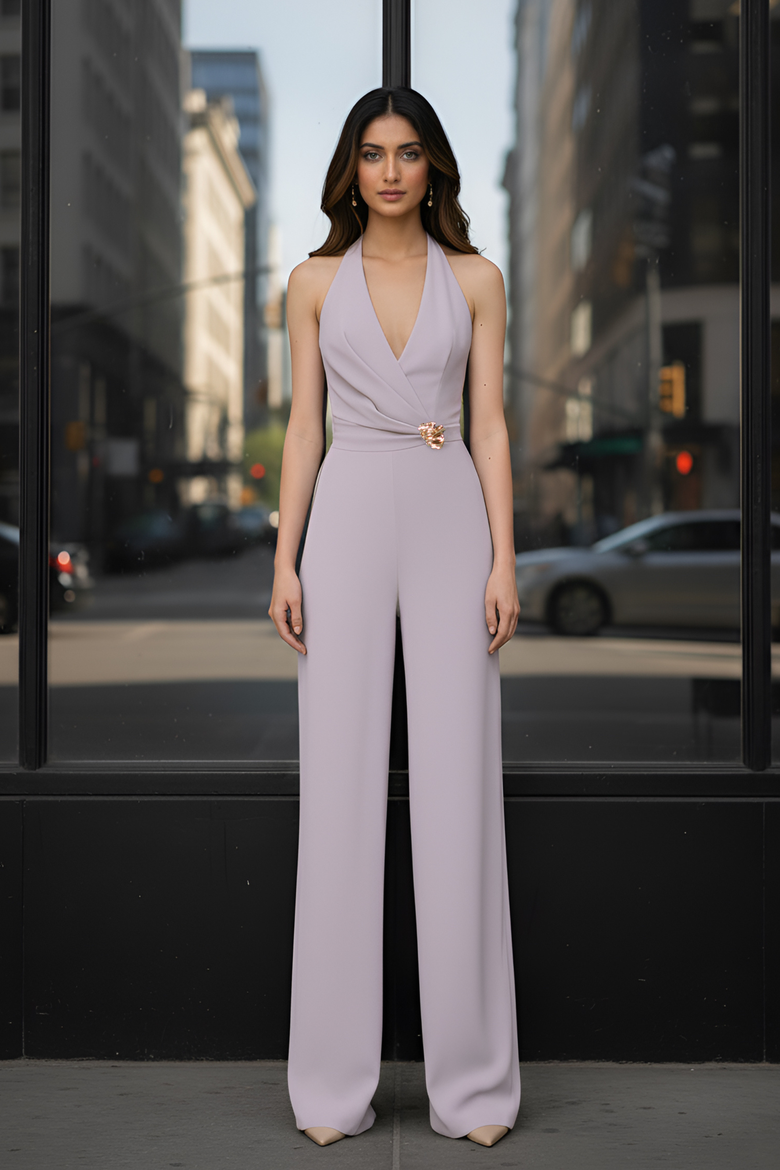 Salmon Pink Halter Jumpsuit – Gold Brooch